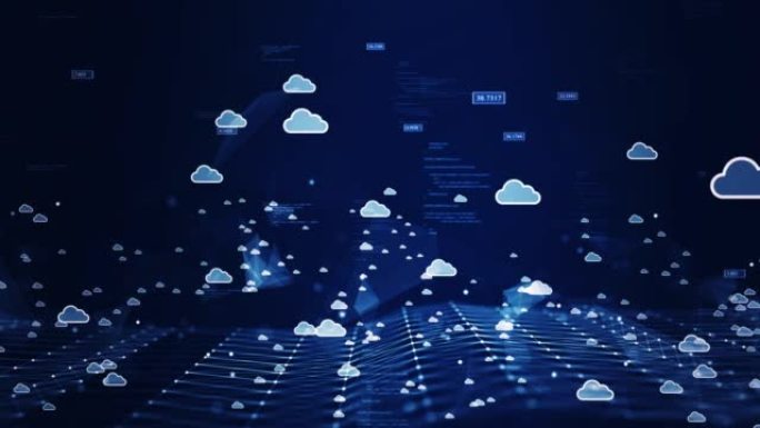 云和边缘计算技术连接概念。二进制代码多边形和小云图标在缓慢移动的深蓝色背景上。