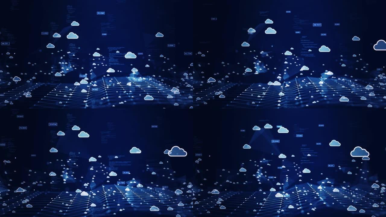 云和边缘计算技术连接概念。二进制代码多边形和小云图标在缓慢移动的深蓝色背景上。
