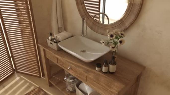波西米亚斯堪的纳维亚风格的家庭室内背景。米色浴室配有天然木制家具。3d渲染插图4k视频动画场景。