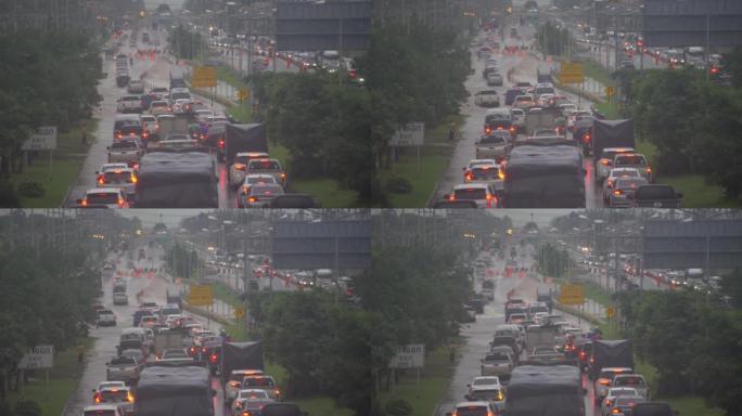 暴雨过后，汽车在洪水泛滥的道路上行驶。