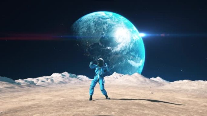 疯狂的宇航员在月球表面跳舞。庆祝他的成功。