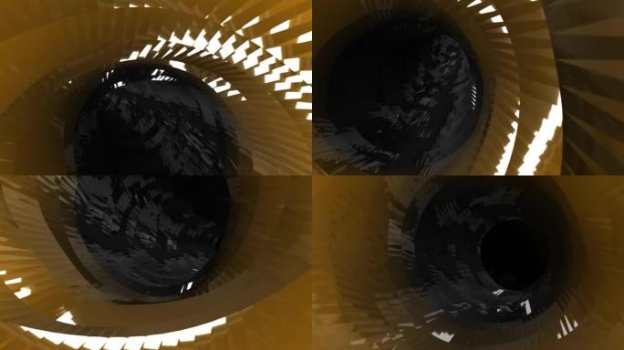 在未来主义的隧道中飞行。抽象科幻3D动画。橙色金色灯光走廊概念，室内设计，宇宙飞船，科学，实验室，技