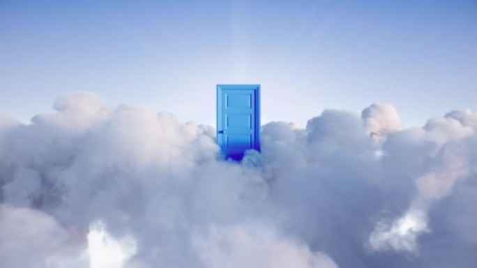 3d动画，蓝色的门在天空的云层中打开。通往永恒之路，宗教天堂天堂隐喻，来世概念