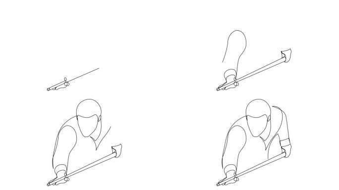 单线年轻英俊职业运动员男子打台球的自画动画。室内运动游戏概念。时尚的单线绘制设计。