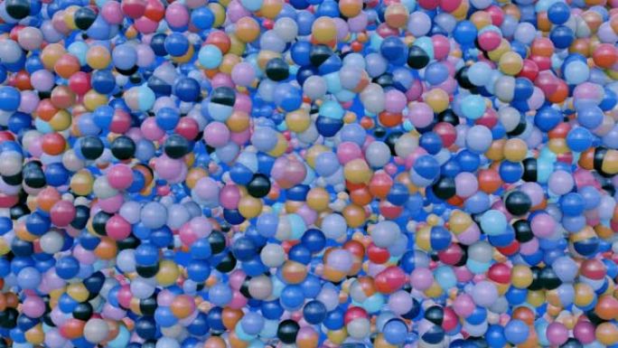 抽象彩色气球球体球动画视频，4k分辨率，随机移动的动画气球，多色闪亮圆圈，运动图形背景，气泡魔术