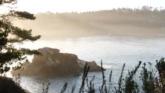 悬崖的岩石峭壁，海洋海滩，波波斯角，加利福尼亚海岸。日落时的波浪。