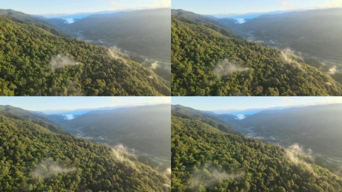 萨潘村的鸟瞰图。大山里雾气