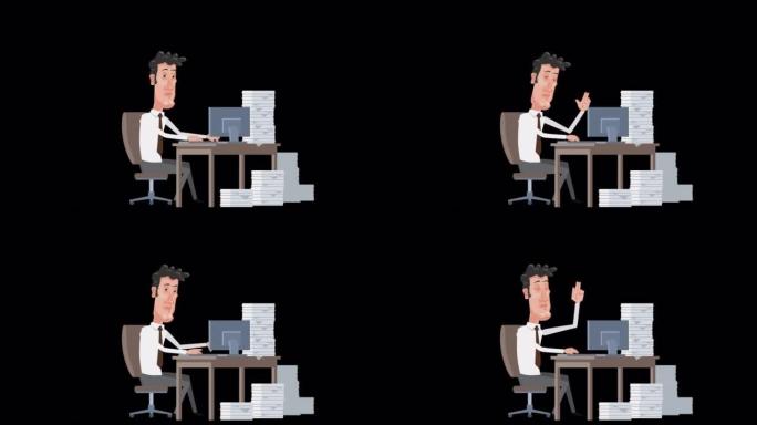 卡通男店员角色疲惫的压力在电脑由大量工作动画与阿尔法频道