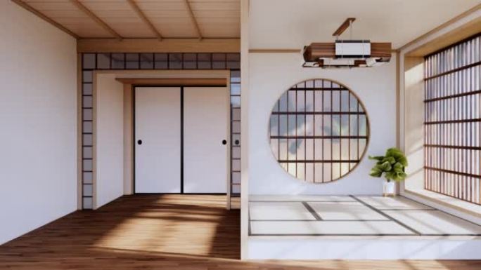豪华客房或酒店日式装饰中的日式大客厅。3d渲染