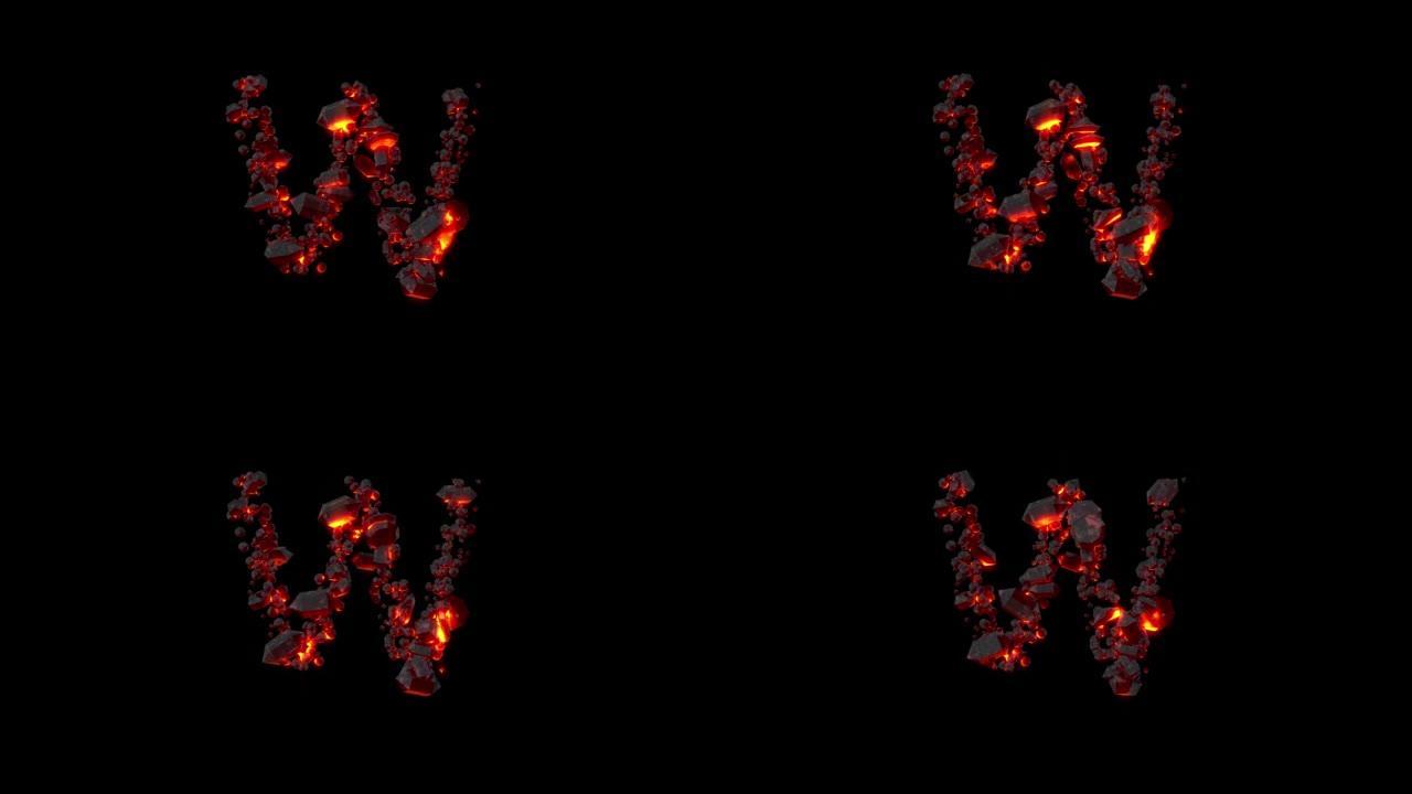 水晶字体 -- 闪亮黑暗燃烧岩石的字母W，孤立循环视频