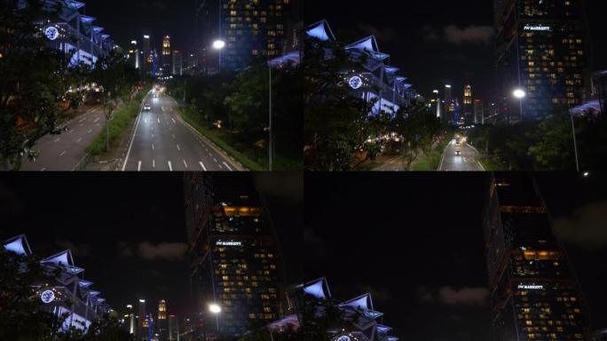 新加坡城市夜间照明市中心交通街路步行桥全景4k