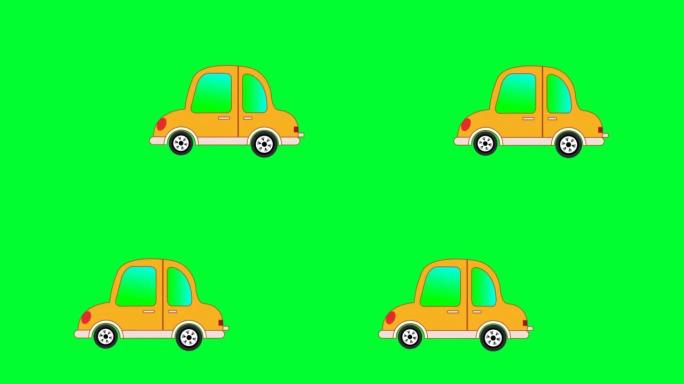 豪华七彩车绿屏动画。去除绿色并使用您的项目。2d卡通汽车绿屏通过色度键移除。可爱的汽车动画。
