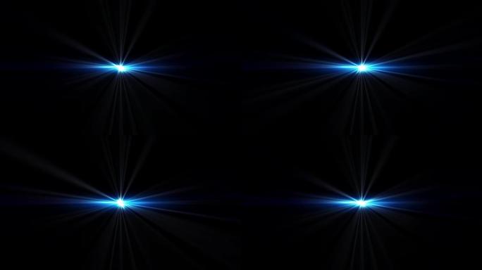 抽象循环中心蓝色星星条纹光学光透镜耀斑闪烁旋转动画背景。4k无缝环路动态动力学亮星照光