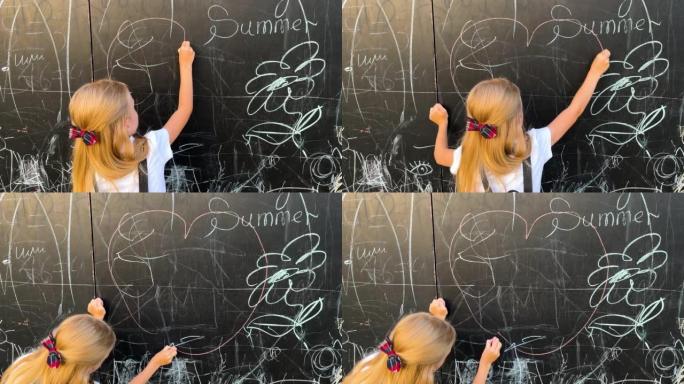 女学生在学校黑板上画一颗心。