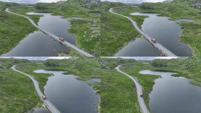 穿越挪威高地的公路风景鸟瞰图