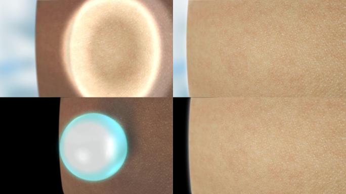 3D动画特写球霜血清胶原蛋白修复效果皮肤去污。深层清洁皮肤。皮肤毛孔。痤疮清洁。皮肤毛孔清洁