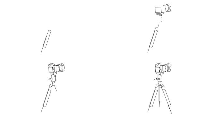 相机在三脚架上的自画动画。动画连续线条画。