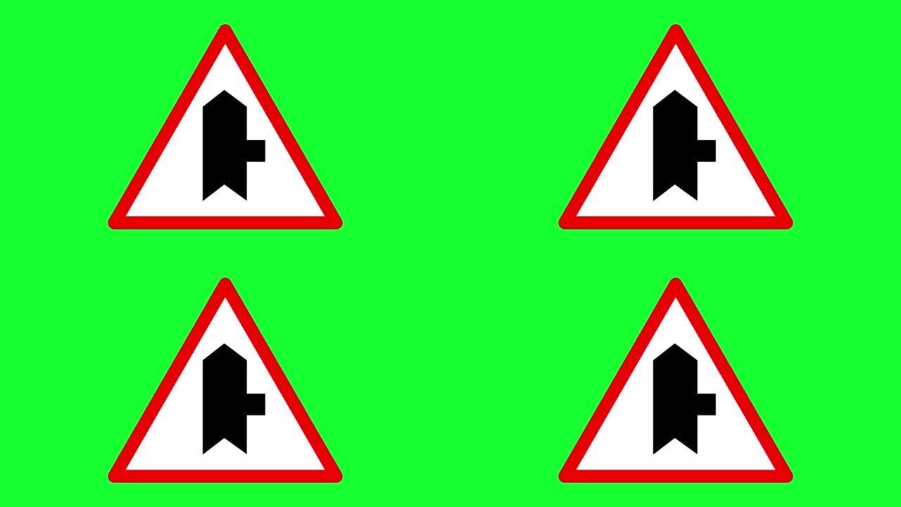 4k分辨率视频。交通标志。绿色背景。绿屏。4k分辨率绿屏交通标志。转弯标志。斜坡标志。