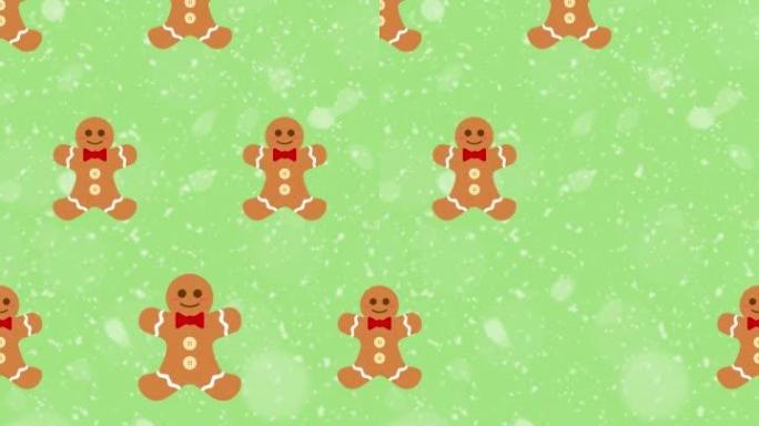 绿色和白雪背景上姜饼饼干图案的循环视频。