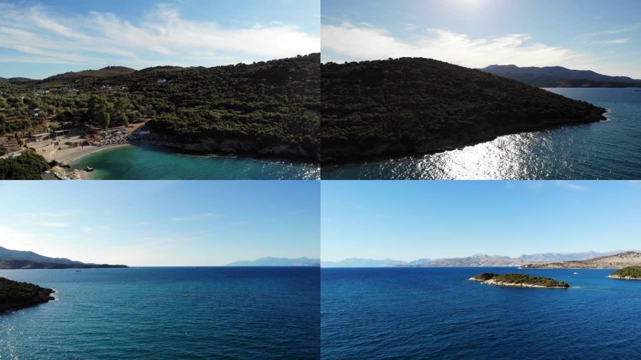 阿尔巴尼亚的Ksamil群岛，从上面看离子海岸，无人机的空中拍摄，风景优美的风景旅游假期