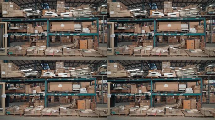 仓库工业工厂用于零售业务，装满木制托盘中的白色盥洗室产品，没有人或工人搬到货架上，POV拍摄显示货物