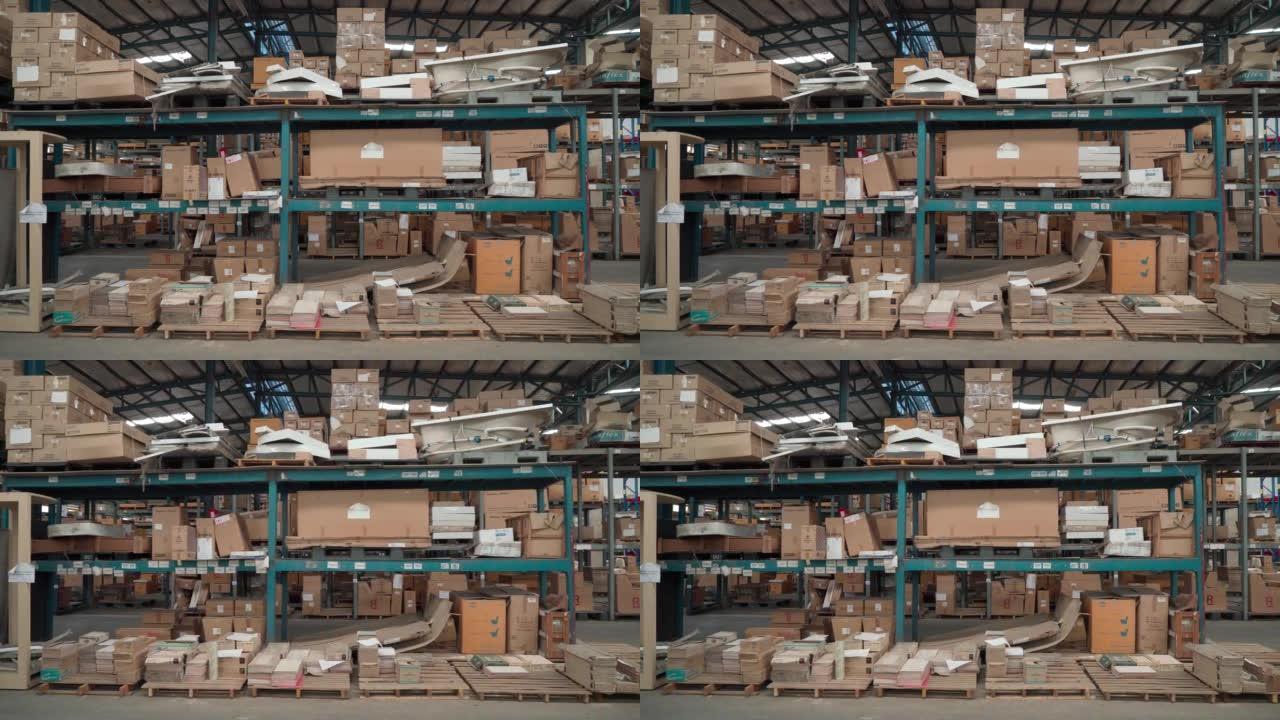 仓库工业工厂用于零售业务，装满木制托盘中的白色盥洗室产品，没有人或工人搬到货架上，POV拍摄显示货物