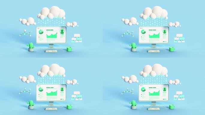 最小卡通桌面和云存储3D渲染动画