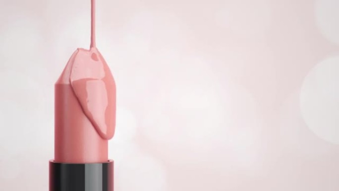 特写液体粉红色滴落在粉红色唇膏隔离在bokeh背景。3D动画。选择性聚焦。