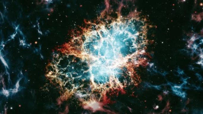 蟹状星云NGC 1952太空星云在深空旅行探索。飞入蟹状星云脉冲星超新星星系动画。穿越星域和星系空间