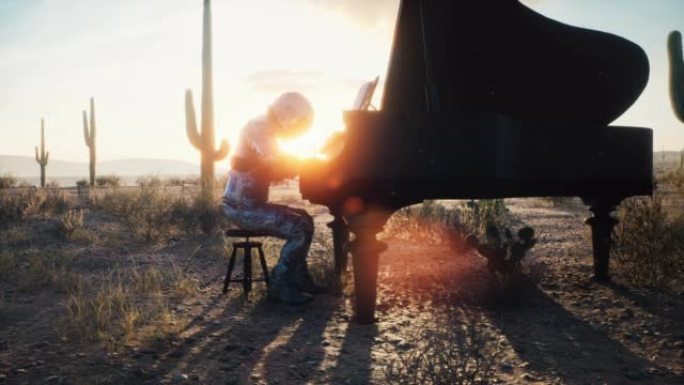 从太空旅行中返回的宇航员在傍晚的沙漠中弹钢琴。宇航员音乐家概念。循环动画非常适合空间和科幻背景