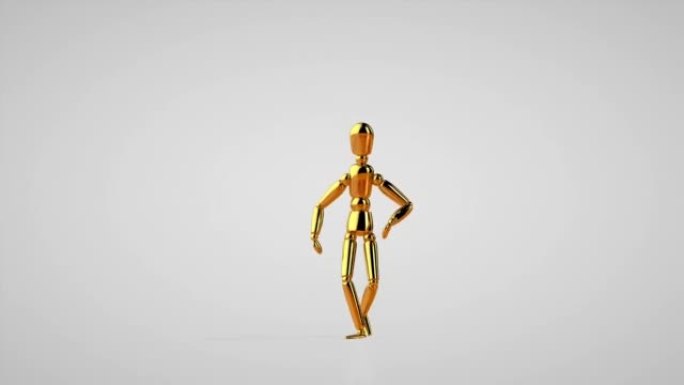 有趣的金色人体模型做机器人舞蹈，无缝循环，白色工作室