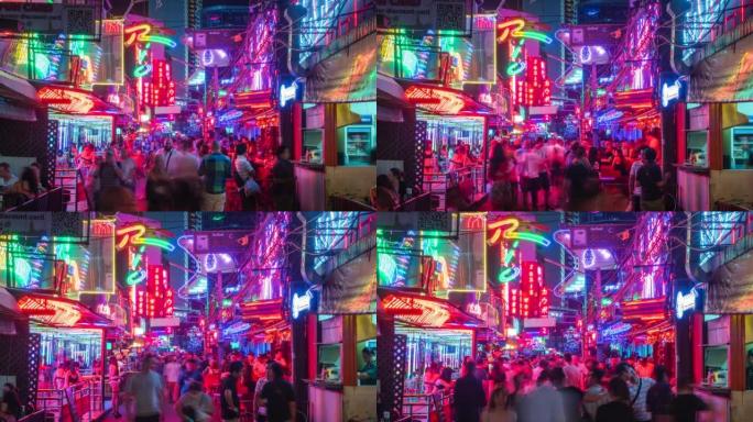 在泰国曼谷著名的Soi牛仔街聚会的人们的时间流逝视图，放大