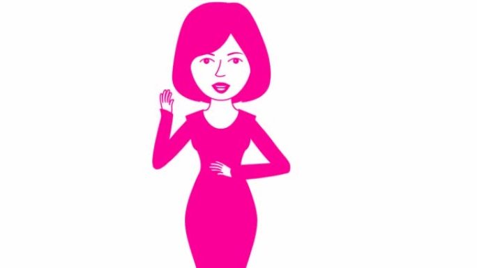 穿着粉色连衣裙的动画说话女孩。女人不断地用手说些什么和手势。黑发。孤立在白色背景上的平面矢量插图。
