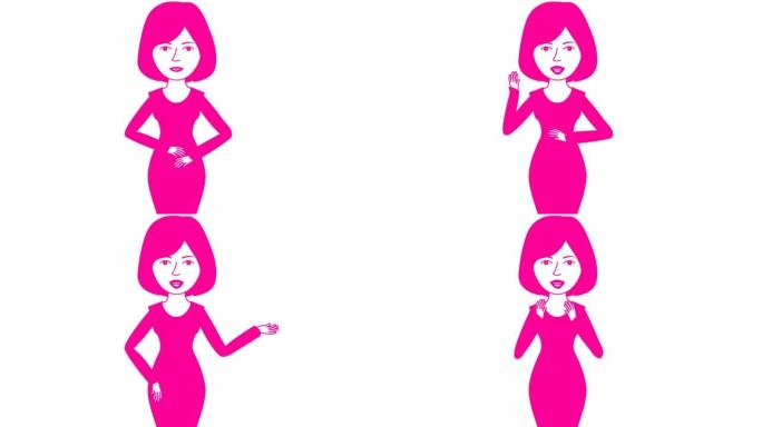穿着粉色连衣裙的动画说话女孩。女人不断地用手说些什么和手势。黑发。孤立在白色背景上的平面矢量插图。