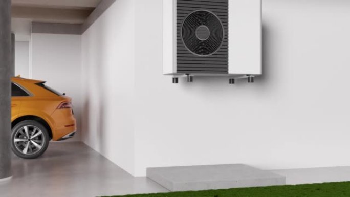 室外空气热泵。现代环保供暖。用气泵省钱。空气源热泵是高效且可再生的能源。3d动画。