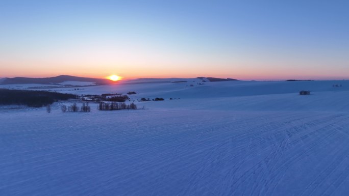 航拍4K内蒙古苍茫雪原夕照