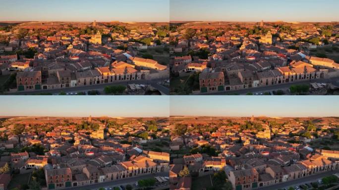西班牙卡斯蒂利亚和里昂塞戈维亚省的中世纪小镇Ayllon的鸟瞰图。圣玛利亚教堂和市政厅