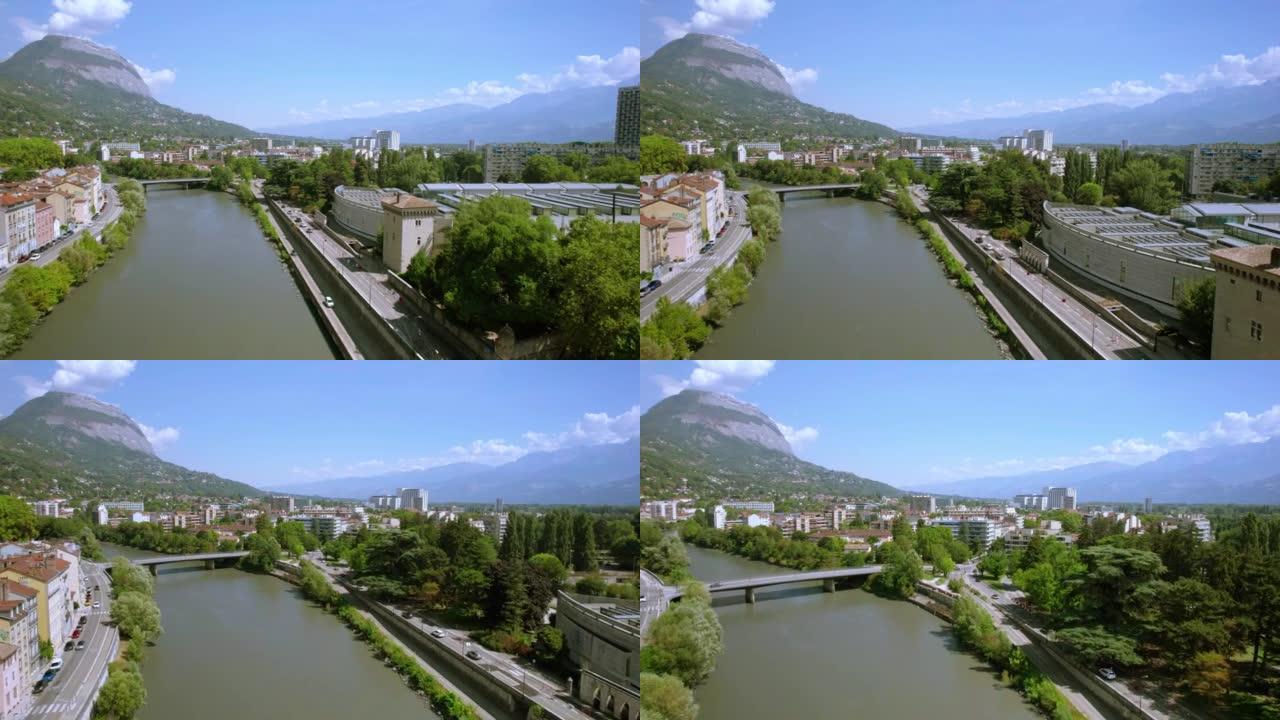 伊泽尔河的无人机航拍画面贯穿法国格勒诺布尔市。