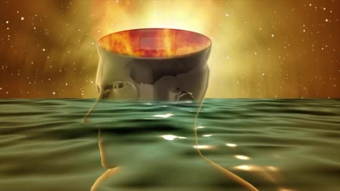 人类头部淹没在海洋中的3D动画，其效果是头顶上方燃烧的火，