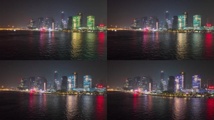广州地标夜晚航拍珠江河畔