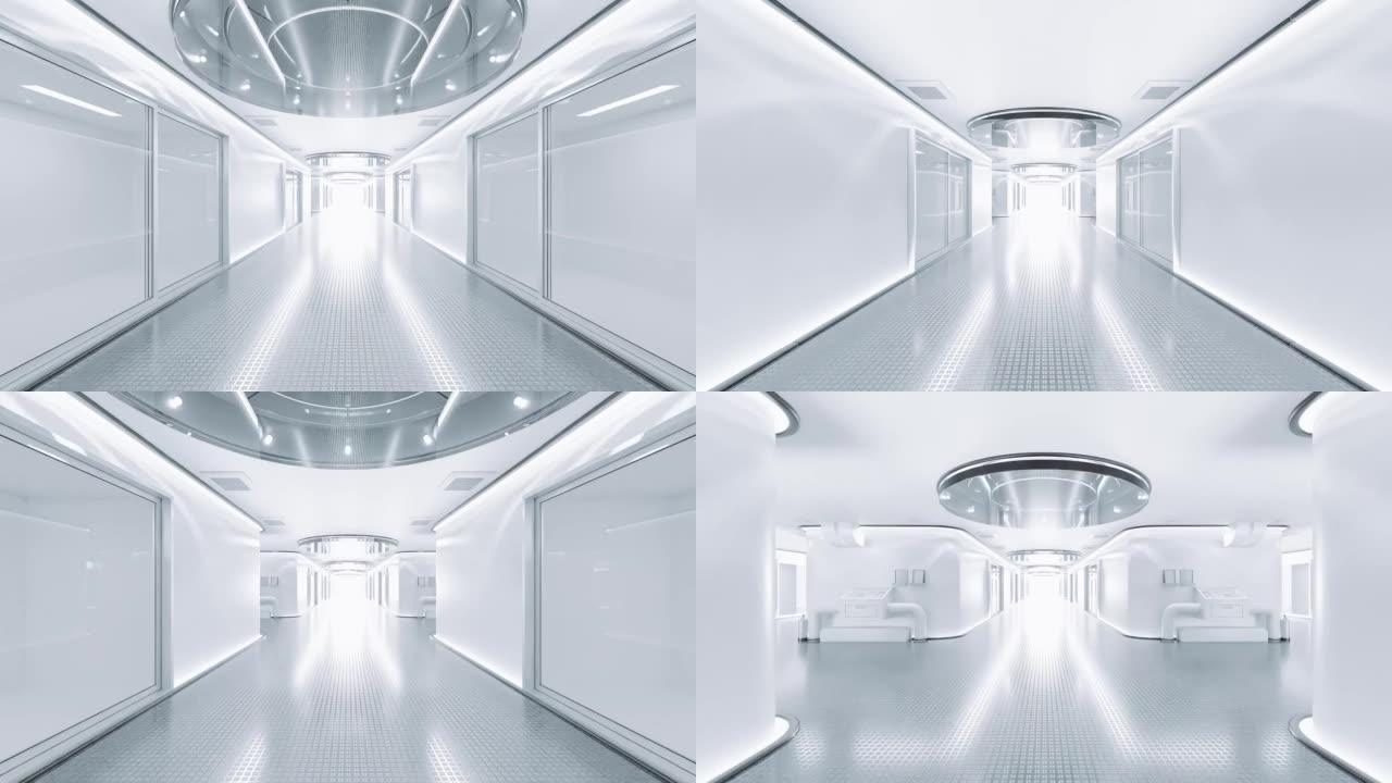 空间站或实验室用灰色装饰的走廊。