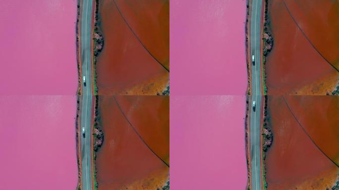 一辆汽车穿越西澳大利亚州格雷戈里港赫特泻湖粉红湖的航拍视频