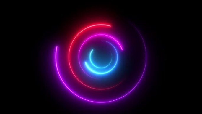 发光循环霓虹灯动画。自旋几何旋转抽象元素。光束动态运动激光环，圆形日食运动功率平衡空间图形蓝紫色形状