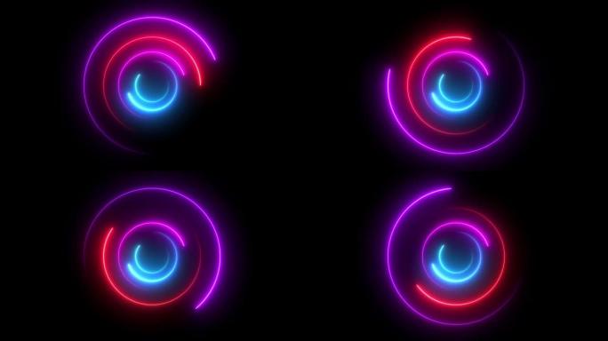 发光循环霓虹灯动画。自旋几何旋转抽象元素。光束动态运动激光环，圆形日食运动功率平衡空间图形蓝紫色形状