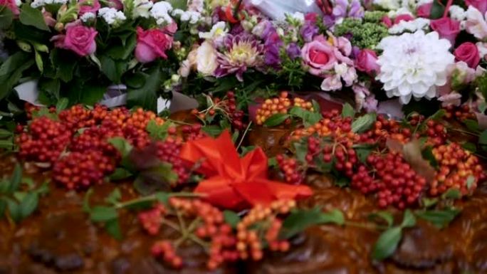 Background pie with flowers and berries, festive c