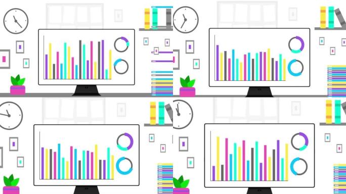 屏幕上有现代信息图表的办公电脑。现代办公室内部和数据或统计动画。4k分辨率动画。办公室设置关闭