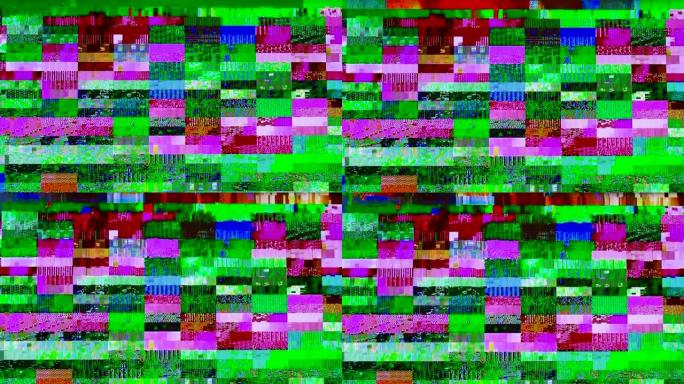 噪声毛刺视频信号损坏。视频上的紫色和绿色错误。电视机上的抽象数字像素作为技术背景