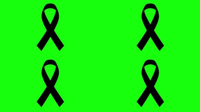 4K黑色哀悼彩带库存动画。黑色意识视频。绿色背景。