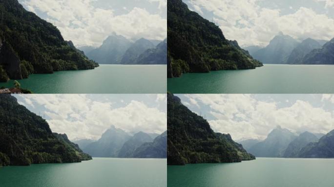 瑞士无人机视频阿尔卑斯山的湖畔小镇