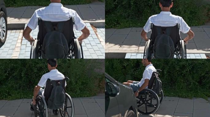 黑头发的男人，坐在轮椅上，从后面穿着白衬衫，走在他的车旁边的坡道上，他的车停在一个无障碍的停车位上